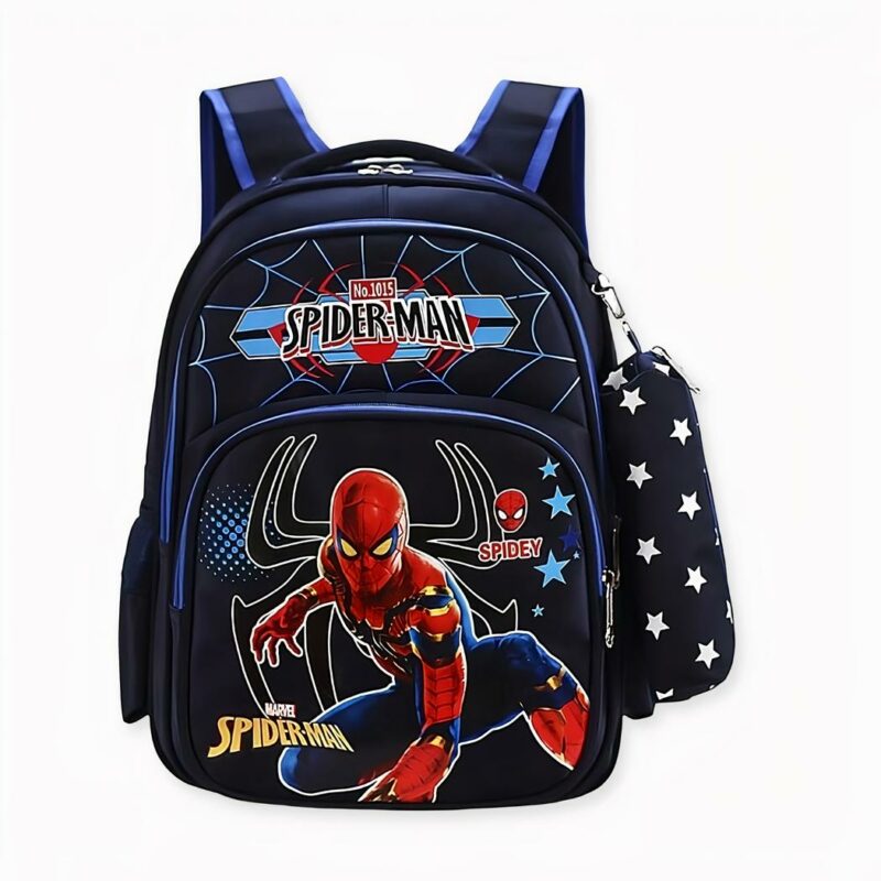Sac_à_dos_Spiderman_avec_trousse_2 Zaino Spiderman con portamatite blu, di buona qualità e molto trendy.