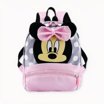 Zaino per bambini con puntini Minnie neri e rossi e sfondo bianco
