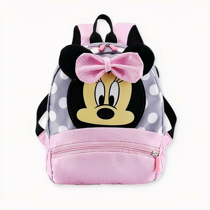 Zaino per bambini con puntini Minnie neri e rossi e sfondo bianco