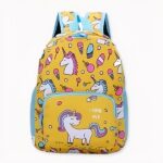Zaino per bambini con stampa unicorno giallo e blu.