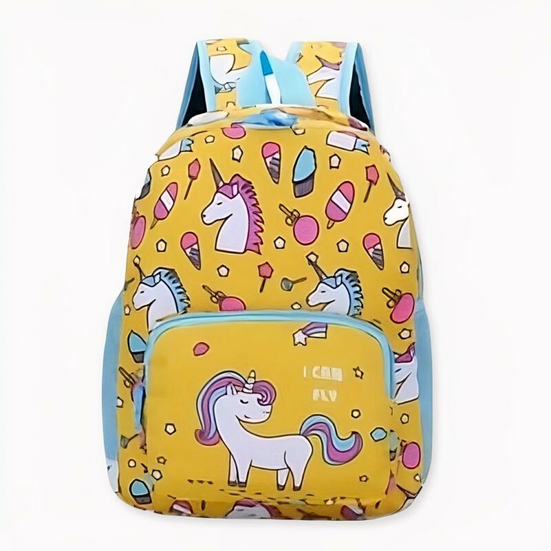Zaino per bambini con stampa unicorno giallo e blu.