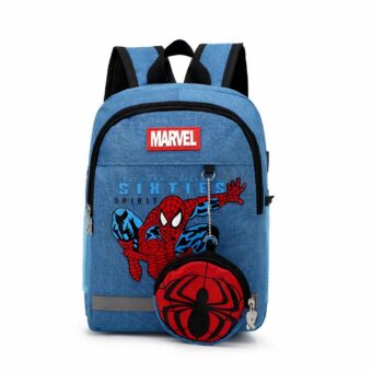 Zaino Spiderman in denim blu con sfondo bianco