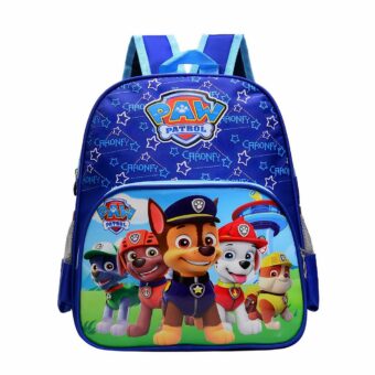 Zaino per bambini con motivo Patrol. La borsa è blu e presenta Chase, Marcus, Ruben e Stella.