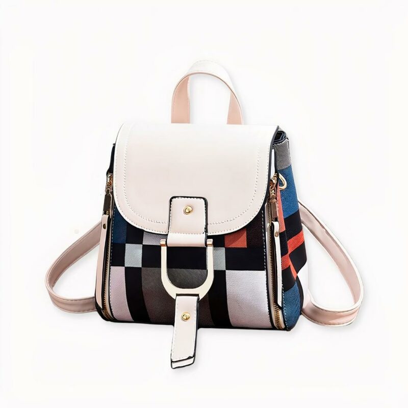 Un piccolo zaino vintage multicolore che è allo stesso tempo vintage e moderno. I motivi di questa borsa sono un gioco di quadrati colorati che ricordano il design di Mondrian. Sicuramente una borsa alla moda e pratica.