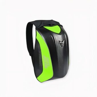 Zaino impermeabile 30L per moto di colore verde, su sfondo grigio chiaro.