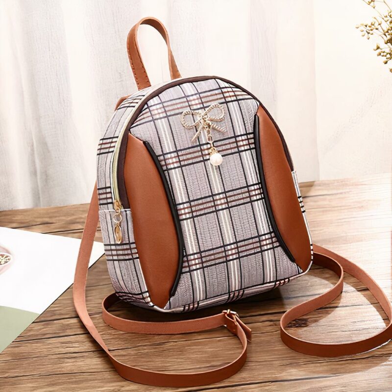 Mini zaino da donna a scacchi - Marrone - Zaino Borsa a tracolla
