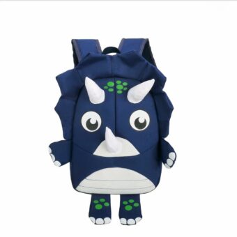 Zaino dinosauro blu per bambini con sfondo bianco