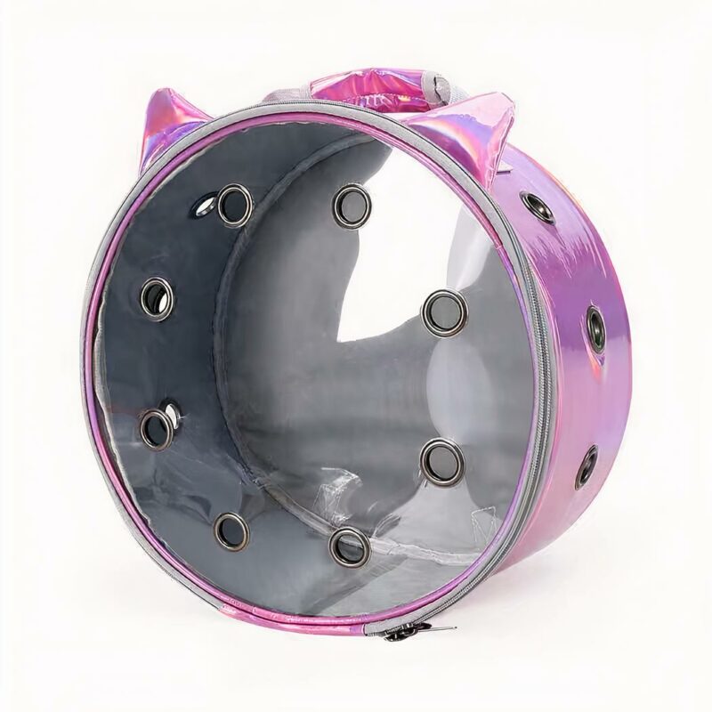 Zaino animale circolare trasparente e rosa con sfondo bianco