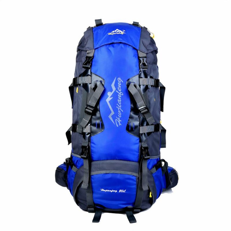 Zaino da trekking impermeabile blu con sfondo bianco