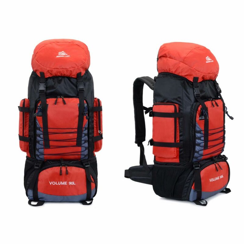 Zaino da trekking molto grande arancione e nero con sfondo bianco