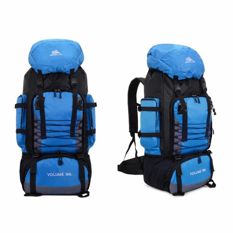 Zaino da trekking molto grande blu e nero con sfondo bianco