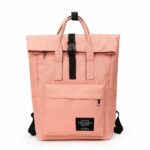 Zaino porta computer Rolltop rosa da donna con sfondo bianco