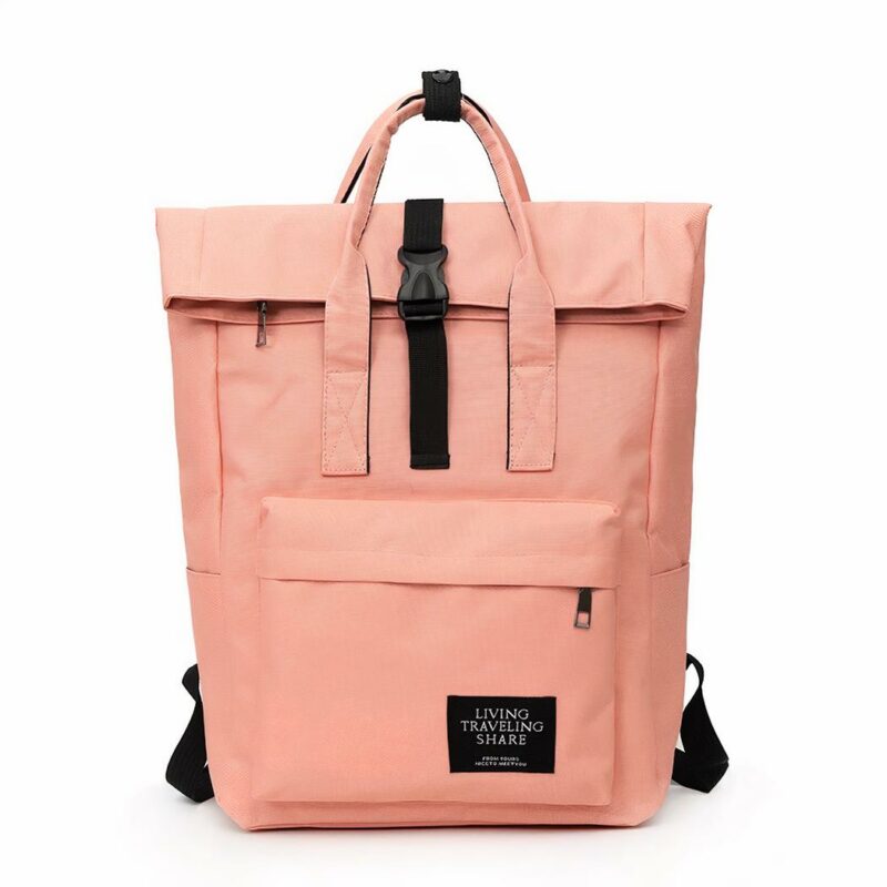 Zaino porta computer Rolltop rosa da donna con sfondo bianco