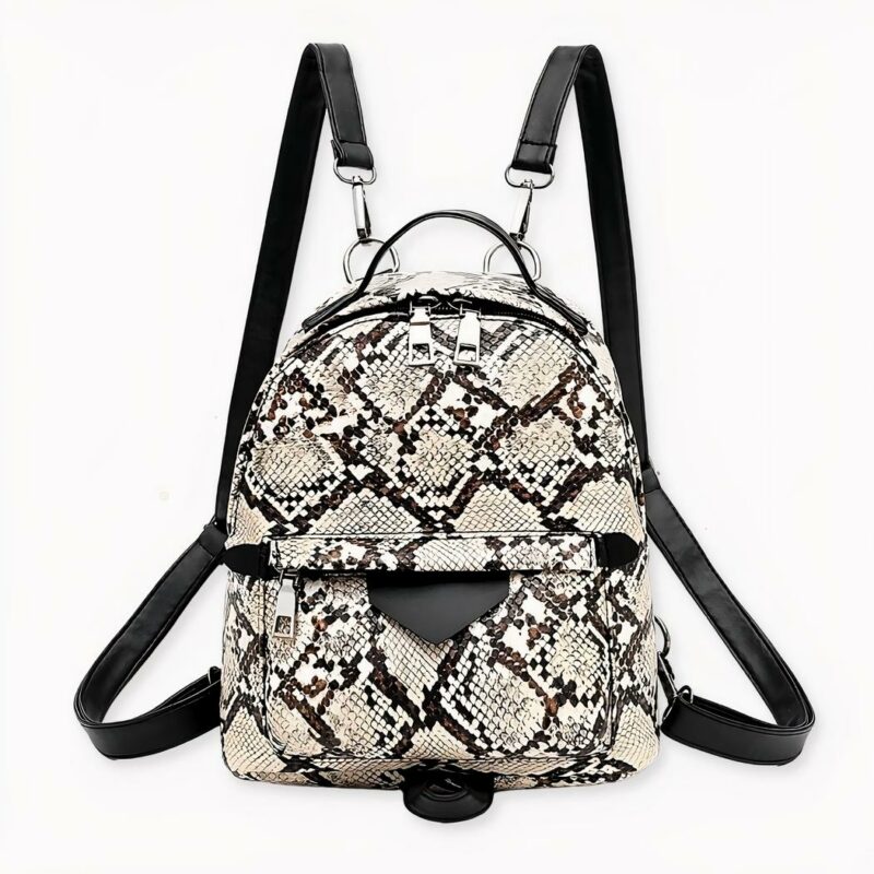 IMG_Petit_sac_ý _dos_femme_motif_serpent_1F Piccolo zaino da donna con motivo a serpente su sfondo grigio chiaro.