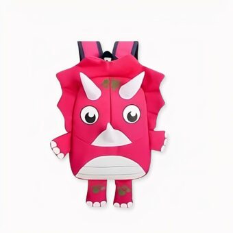Zaino a forma di dinosauro per bambini, rosa e bianco.