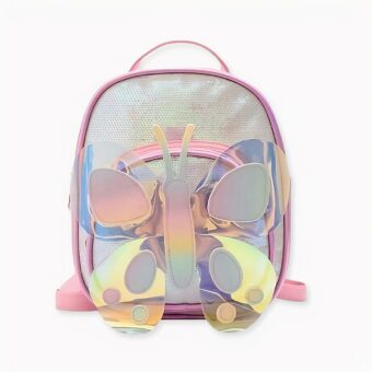 Zaino a farfalla rosa con paillettes. Di buona qualità e molto alla moda.