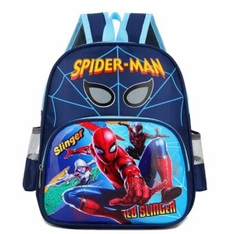 Zaino scuola Spiderman e amici blu con sfondo bianco