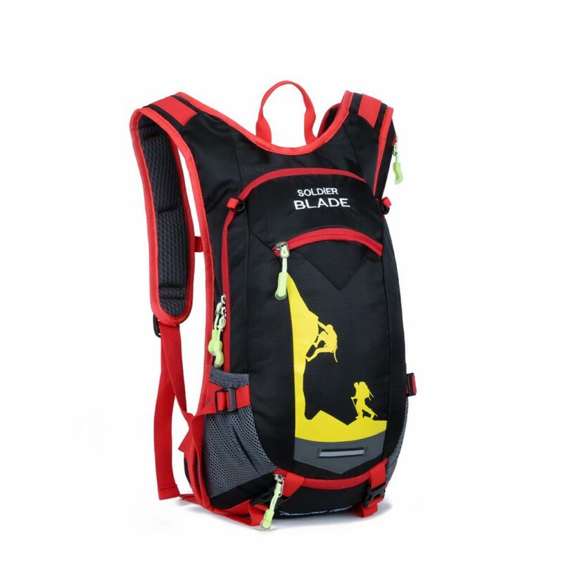 Zaino impermeabile da 18l per sci e sport invernali in nero e rosso con sfondo bianco