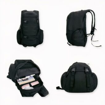 Zaino militare 40L nero su sfondo grigio chiaro.