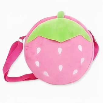 Zaino di peluche a forma di fragola per bambini in rosa con dettagli verdi e bianchi, di buona qualità e molto alla moda.