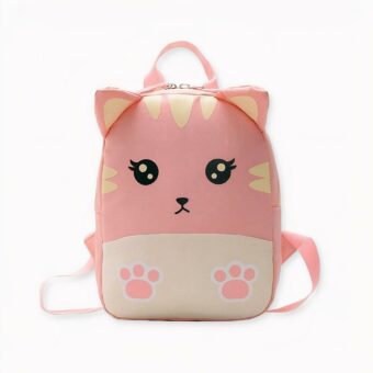 Zaino a forma di gatto rosa per bambini con occhi e orecchie rosa.