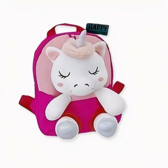 Zaino unicorno in peluche rosa e bianco per bambini. Di buona qualità e molto alla moda.