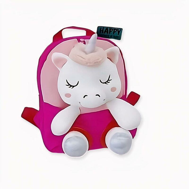 Sac_à_dos_licorne_en_peluche_pour_enfants_2 Zaino unicorno in peluche rosa e bianco per bambini. Di buona qualità e molto alla moda.