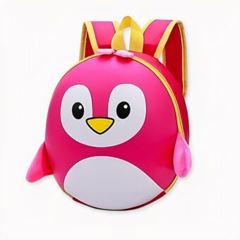 Zaino rigido a forma di pinguino rosa e giallo per bambini.
