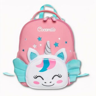 Zaino Unicorno con stelle rosa e verdi, di buona qualità e molto morbido.