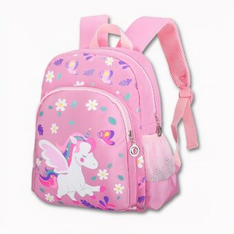 Zaino Unicorno con fiori rosa e motivo unicorno. Di buona qualità e molto trendy.