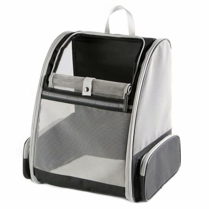 Zaino gatto traspirante grigio e nero con sfondo bianco