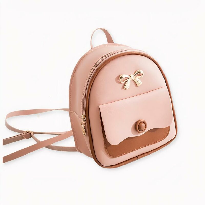 IMG_Mini sac_à_dos_multifonctionnelle rose_marron_1F mini zaino multifunzionale in rosa e marrone su sfondo grigio chiaro.