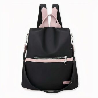 Zaino impermeabile rosa e nero in oxford su sfondo grigio chiaro.