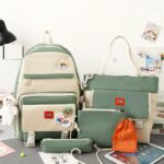 Zaino bicolore 5 pezzi con orsetto verde e grigio