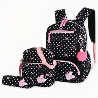 Set di 02 borse e un astuccio con motivo a pois e ciondolo a pompon nero con piccoli punti bianchi. Buona qualità e molto alla moda.