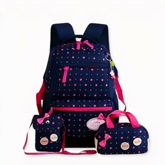 Set di 03 borse con motivo a fiocco con chiusura di colore blu con puntini e lacci rosa. Di buona qualità e molto pratiche.