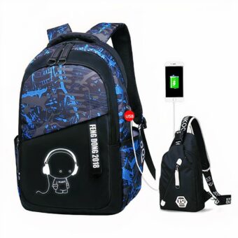 Zaino con motivo graffiti e porta USB per ragazzi in blu e nero con sfondo bianco
