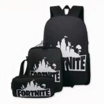 Zaino nero Fortnite a 3 pezzi con motivo frontale, di buona qualità e molto trendy.