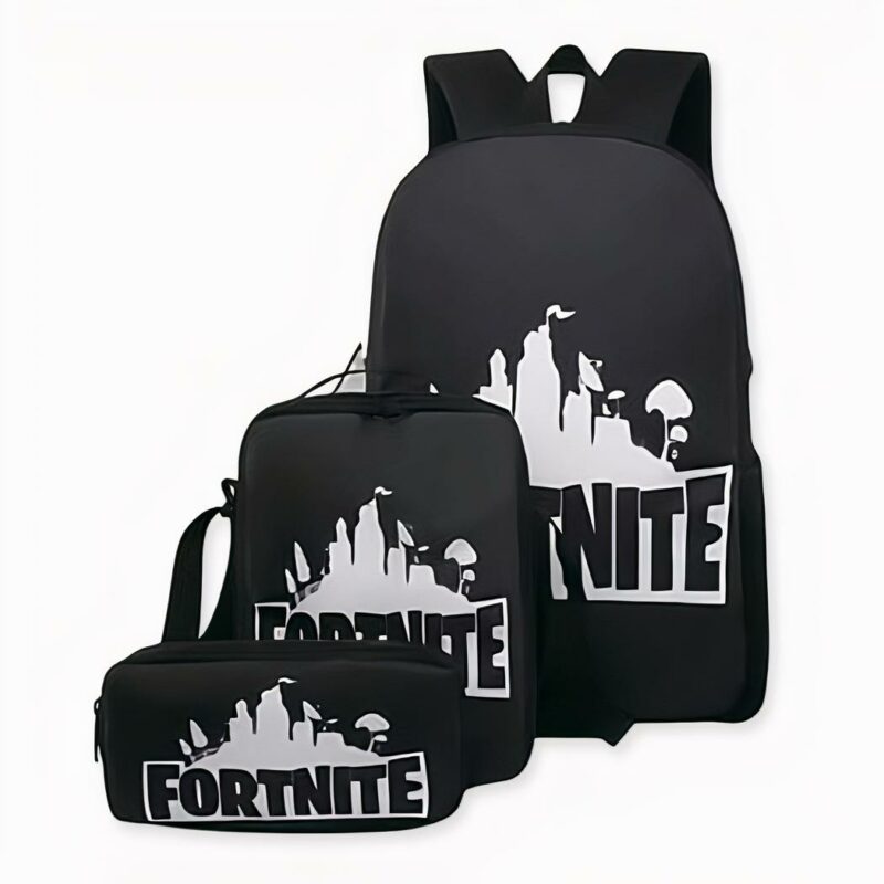Zaino nero Fortnite a 3 pezzi con motivo frontale, di buona qualità e molto trendy.