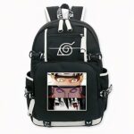 Zaino nero con motivo Naruto, Tendo e Sasuke con tasche laterali.