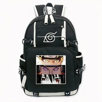 Zaino nero con motivo Naruto, Tendo e Sasuke con tasche laterali.