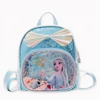 Zaino della Regina delle Nevi Elsa con glitter blu e sfondo bianco