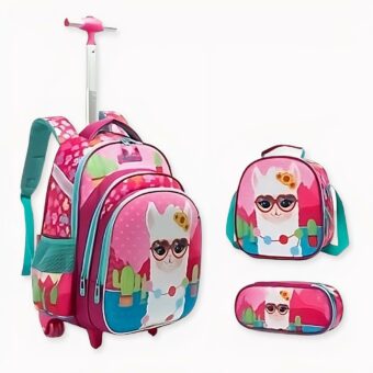 Zaino a rotelle con motivo a lama colorato per ragazze con occhiali. Di buona qualità e molto trendy.