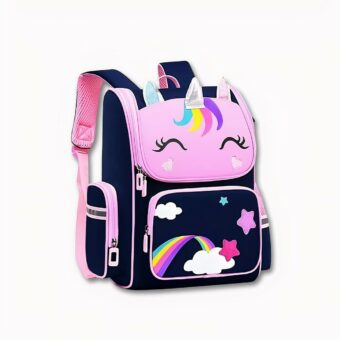 Zaino unicorno blu e rosa con stelle e arcobaleni per ragazze.