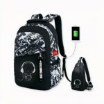 Zaino con motivo graffiti e porta USB per ragazzi in nero.