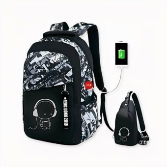 Zaino con motivo graffiti e porta USB per ragazzi in nero.