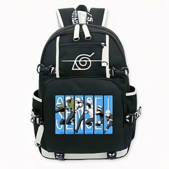 Zaino Kakashi Hatake nero con motivo di attacco blu. Di buona qualità e molto alla moda.