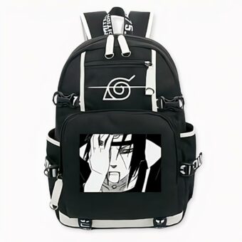 Zaino nero con modello Itachi Uchiwa e tasche laterali