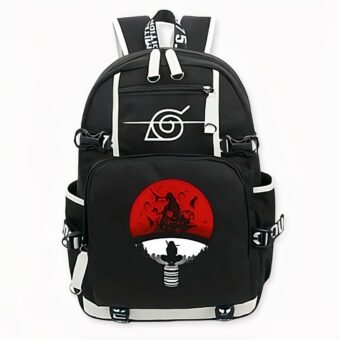 Zaino nero con logo del clan Uchiwa e tasche laterali.