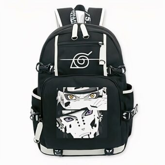 Zaino nero con motivi Tendo e Naruto Uzumaki in bianco e nero. Di buona qualità e molto alla moda.